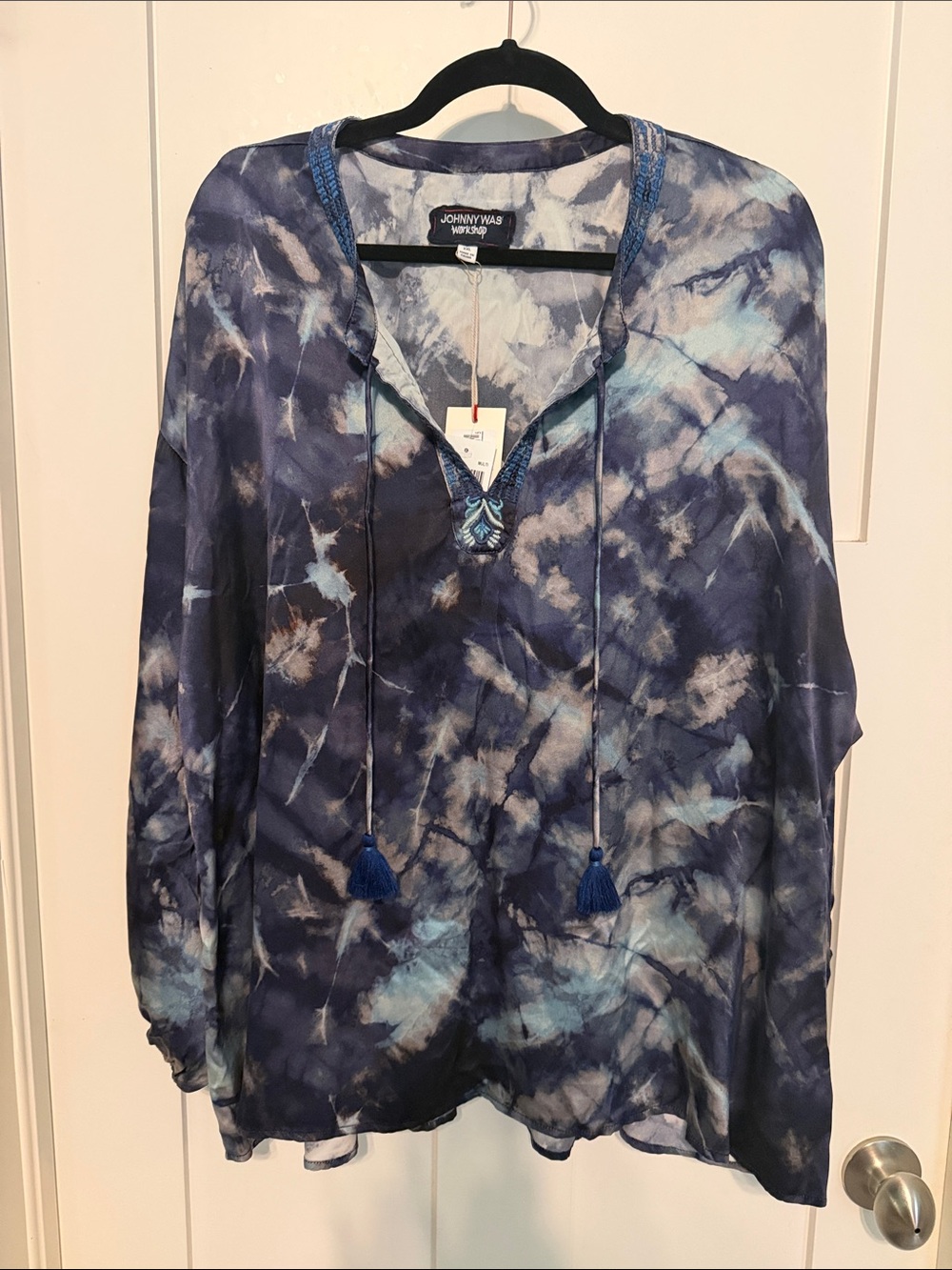 Johnny Was 100% Silk Indigo Tie-Dye Tunic Top with Tassel Accents Plus Size XXL